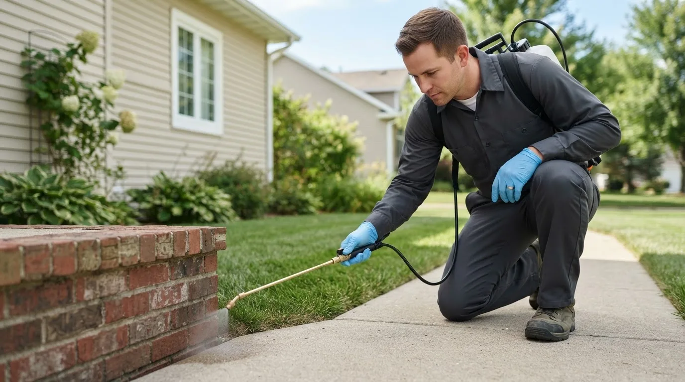 Pest control technician treating a home near Neche, ND