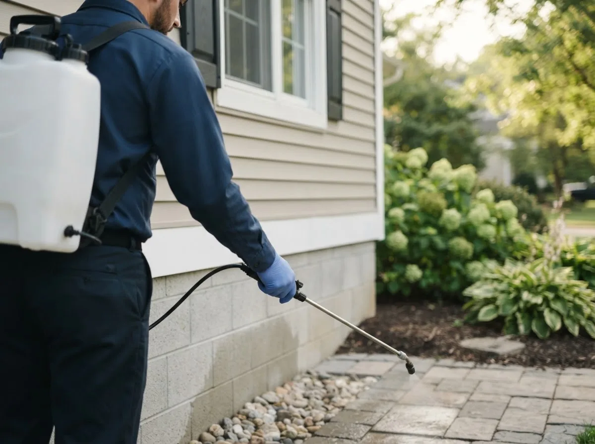 Pest control technician inspecting a home in Neche, ND